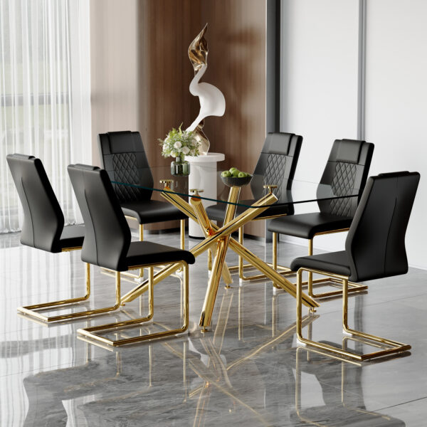 4057829bfeb64fe69b5a15f336bcbaf2_912f05ab9a936a0e142ca7deb97a4478 Table and chair set.Modern Luxurious Transparent Tempered Glass Dining Table Set with 6 Chairs.Single Fork Golden Metal Table Legs.Black high-quality PU dining chairs with golden metal legs.