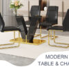 Table and chair set.Luxurious Tempered Glass Dining Set - 63"x35.4" with 4 Comfortable Black PU Chairs With Golden Arched Metal Legs .V-Shaped Support Design Table Leg.