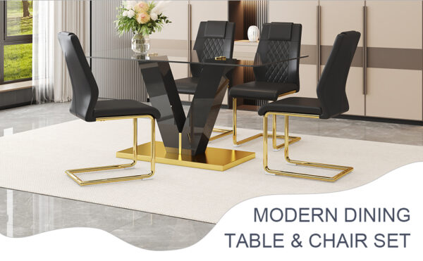 407c6d062cc3454db46422237f37fef6_c420b3d59b740c54a5b00f2998edccdc Table and chair set.Luxurious Tempered Glass Dining Set - 63"x35.4" with 4 Comfortable Black PU Chairs With Golden Arched Metal Legs .V-Shaped Support Design Table Leg.
