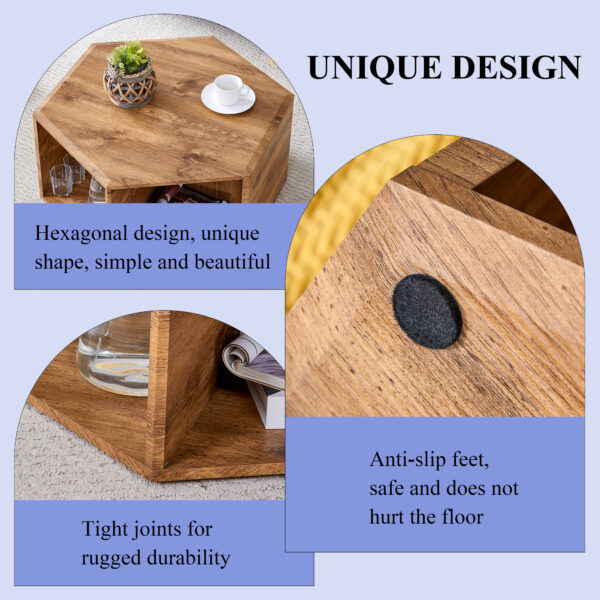 4097a2e2021e493485262047046d4105_92a07d36a7279e65077e0763d72c4e3e Hexagonal MDF coffee table, characteristic pattern stickers, multi-hole design to give more storage space, simple and convenient design makes it suitable for all kinds of style scenes.