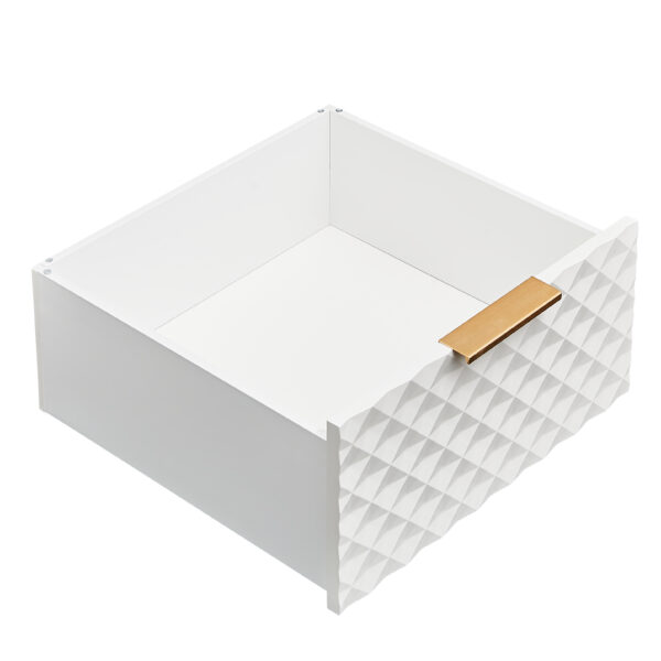 Deluxe Sculpted Modern Fashion Geometric Style TV Stand, Aluminum Frame Tempered Glass Door 4 Drawer Chest with Adjustable Metal Feet ,White,59.9"L x 15.7"W x 21.7"H
