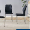 Luxury Simple Chair - Set of 6 BLACK PU Material High Resilience Dining Chair with Metal Silver Leg.The Chair Back Has a Vertical Stripe Design With Smooth And Uniform Lines.