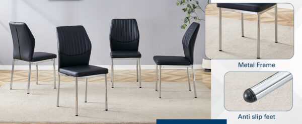 40b319d7127f4d2ab97f470f75068faf_8418a53e63fbc5e19759e3c616a557cd Luxury Simple Chair - Set of 6 BLACK PU Material High Resilience Dining Chair with Metal Silver Leg.The Chair Back Has a Vertical Stripe Design With Smooth And Uniform Lines.