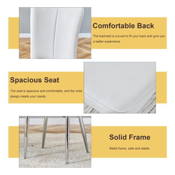 40b7d87ac24a46048db13a51af304a52_bef957dc0e9257e2857614fed279a056 Table and chair set.63"x31.5x30" Luxurious Pandora patterned Sintered Stone Tabletop with Silver Stainless Steel Legs.Paried With 4 White PU Chairs with a vertical stripe design on the backrest.