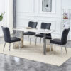 Table and chair set.63"x31.5x30" Luxurious Pandora patterned Sintered Stone Tabletop with Silver Stainless Steel Legs.Paried With 4 Black PU Chairs with a vertical stripe design on the backrest.
