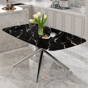 Large modern minimalist rectangular dining table with 0.39 "imitation marble black tabletop and silver metal legs, suitable for kitchen, dining room, living room, conference room.W1151S00985