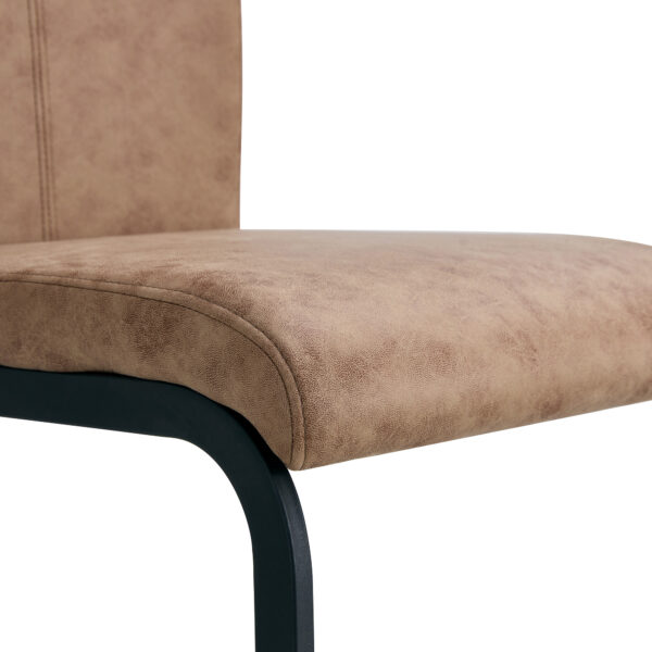 Table and chair set.A retro rectangular dining table with fishbone patterned MDF desktop and black metal legs.Paired With 6 Brown technology fabric chairs with Featuring arched black legs.