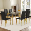 Table and chair set.71 * 35.4 inch rectangular dining table.Tempered Glass Tabletop,Golden 7-shaped Metal Table Legs.Paried With 6 Black PU dining chairs, Golden Metal Legs.Simple and versatile.