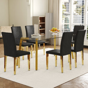 Table and chair set.71 * 35.4 inch rectangular dining table.Tempered Glass Tabletop,Golden 7-shaped Metal Table Legs.Paried With 6 Black PU dining chairs, Golden Metal Legs.Simple and versatile.