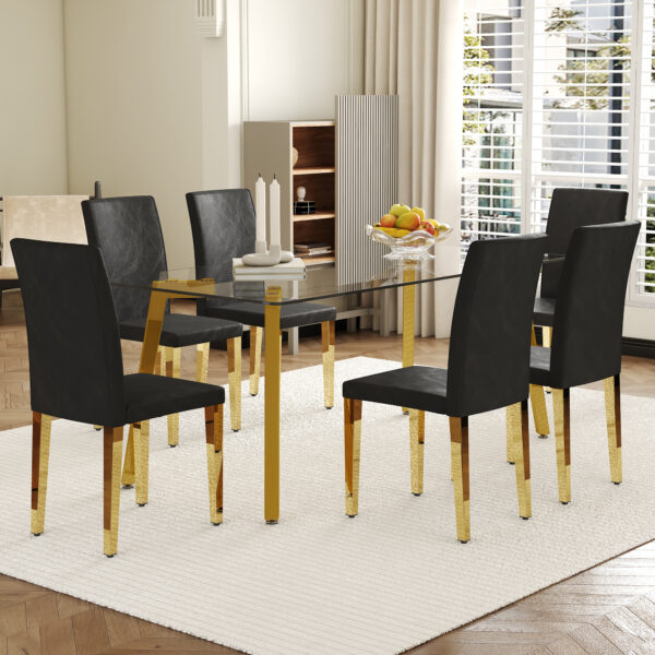411a890b7dad43ee94513377517055f4_c0f09ea98fdd0bb36e059184530a4949 Table and chair set.71 * 35.4 inch rectangular dining table.Tempered Glass Tabletop,Golden 7-shaped Metal Table Legs.Paried With 6 Black PU dining chairs, Golden Metal Legs.Simple and versatile.