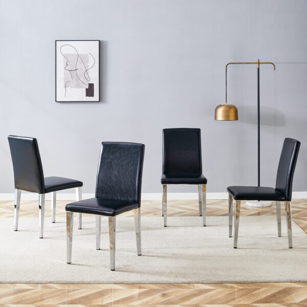4156e7c63e8a4ca9a04760e10ee4677d_1e86f368f7a7014e173266fa9e64aa79 Four Black PU dining chairs,Silver Metal Legs.Simple and versatile, comfortable and accompanied. Exquisite and versatile dining chairs unlock a comfortable new experience.(Set of 4)