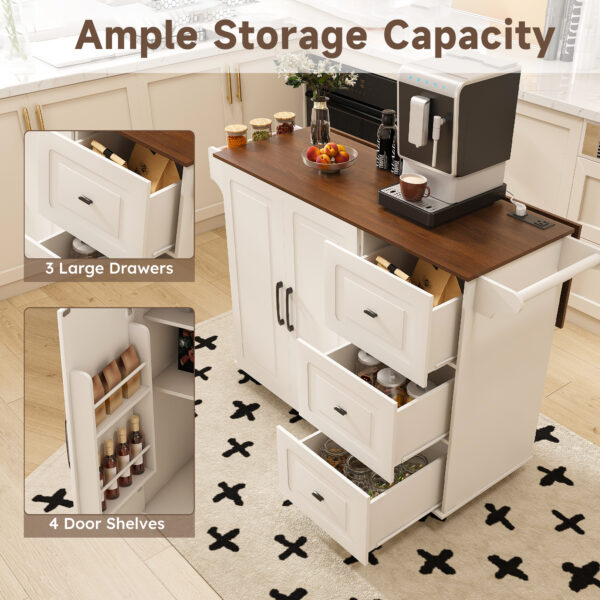 41613d02f497497fa85d4fce6800724a_4ffb1512999937f6739d76c8be501c4d White Kitchen Island Cart with Foldable Tabletop & Drop Leaf - Mobile Breakfast Bar on Wheels with Wood Top and Storage