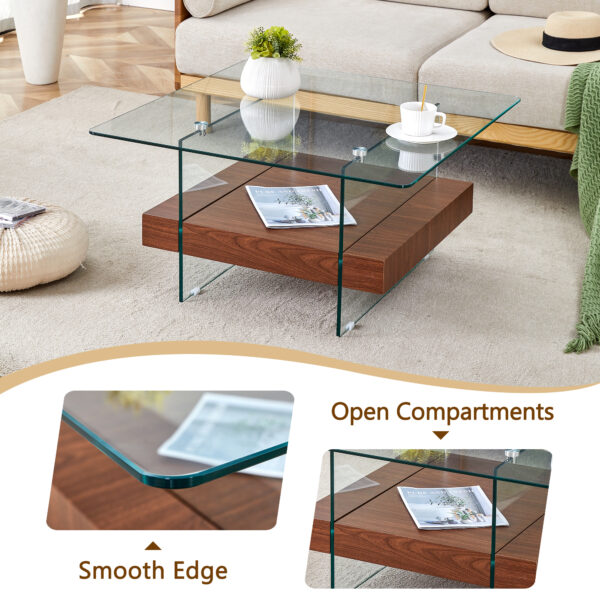 4168ad1c7ded445baefd5fc7e3038668_7c42fece513590dcdb4bcc64f213eb07 31.4 Inch Modern Two-Tier Square Coffee Table - An Elegant Combination of Clear Glass and Dark Wood Texture Sticker It can be used not only as a coffee table but also as a side table or display stand.
