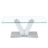 Modern minimalist coffee table. Transparent tempered glass tabletop with silver MDF pillars. Suitable for living room and dining room