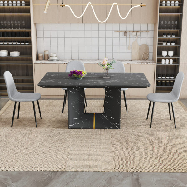 Table and chair set.Black Marble Pattern MDF Dining Table Set - 63"x35.4" with 4 Light Gray Linen Fabric Chairs.Integrated Seat and Backrest,Linen-Cotton Material.Suitable for kitchen,Dining room,etc.