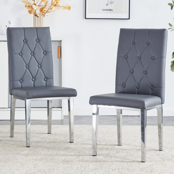4197c702fc48449091eed2fb47351763_b9d6f59e60f7f9a62e43eec3ef5a53c0 2 piece set of gray armless dining chairs brings a touch of elegance and mystery to the dining area with its deep gray tone,The grid and buckle design of the back add a vintage yet fashionable touch