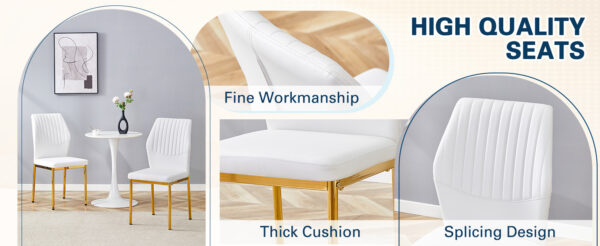 41b3d301b59f47af8482b8605b210e72_a114ae30fa59771c8233a03e902b6e8a Luxury Simple Chair - Set of 6 White PU Material High Resilience Dining Chair with Metal Gold Leg.The Chair Back Has a Vertical Stripe Design With Smooth And Uniform Lines.