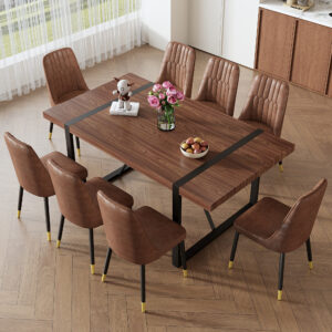Table and chair set.Industrial Style Walnut-Colored Rectangular Dining Table - 71"x39.3" Large Size.Paired with 8 Brown Suede Chairs.Brown armless dining chair,Suitable for kitchen,Dining room,etc.
