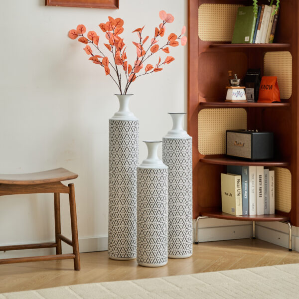41d3da483a264b6db64f5daf50870366_21b8afb6bfc4a2cdc2558430c68a4f4c Floor Metal Vases Decorated White Metal vases Set of 3 gorgeous home decoration large glazed metal vases 24in/28.7in/33.5in height