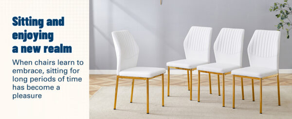 41f1471998ff44d2b961c10684727493_8b0d2bae44c302e5633a73bb29854413 Luxury Simple Chair - Set of 6 White PU Material High Resilience Dining Chair with Metal Gold Leg.The Chair Back Has a Vertical Stripe Design With Smooth And Uniform Lines.