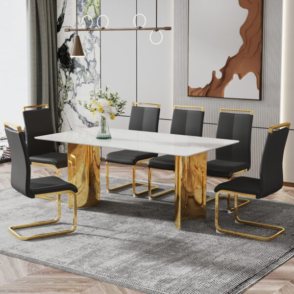 41f21bd4475f49b483df5f99c1fe0e59_20231122_d963699f13d2a279ca638cc1d344b23d Modern minimalist dining table. The white imitation marble glass desktop is equipped with golden metal legs. Suitable for restaurants and living rooms 71 "* 39.3" * 29.5 "DT-69