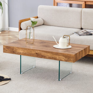Natural Style MDF Coffee Table - 39.3"x21.6" with Tempered Glass Legs.Density Board Sticker,Reinforced Glass.