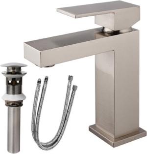 Single Handle Bathroom Faucet, Brushed Nickel Single Hole Bathroom Faucet, Solid Brass Modern Bathroom Sink Faucet Heavy Duty Vanity Square Bathroom Faucet with Pop-up Drain & Water Supply Hoses