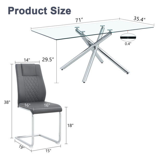 4217d263e0a84e609f4c13579b6f477c_731d3fa52aa654502419f9854c62074e Table and chair set.Modern Luxurious Transparent Tempered Glass Dining Table Set with 8 Chairs.Single fork silver metal table legs.Dark gray high-quality PU dining chairs with silver metal legs.