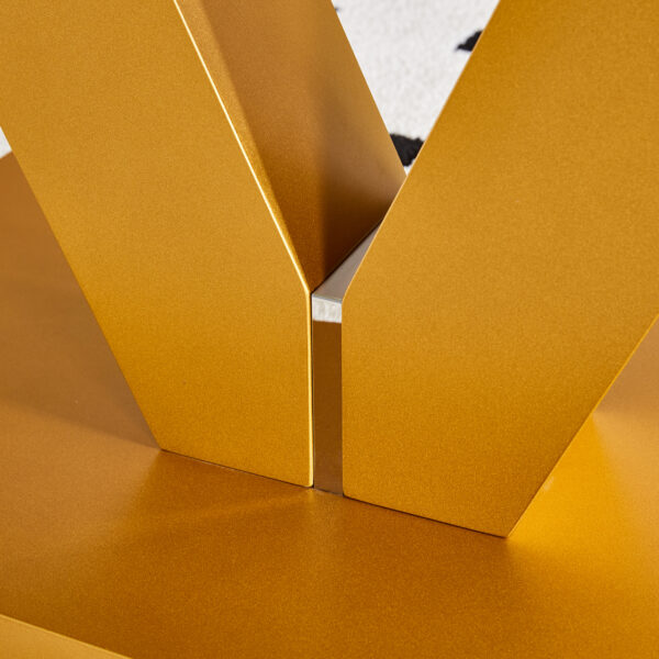 422a96c583c9447d9c0394ff042b06ec_9a7f923549a6d10bdad8eacba0adbf55 Modern minimalist coffee table. Tempered glass with stickers tabletop,golden MDF pillars. Suitable for living room and dining room