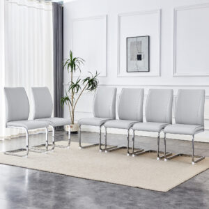 Luxury Simple Arch Chair - Set of 6 Light Gray PU Material High Resilience Dining Chair with Arched Metal Silver Leg.