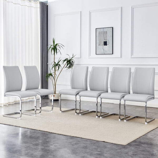 4233a52d655e467fb87f53005847bae1_07ffb8fcd4fa49aac4b42f2c315c4898 Luxury Simple Arch Chair - Set of 6 Light Gray PU Material High Resilience Dining Chair with Arched Metal Silver Leg.