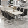 Table and chair set.Modern Luxurious white Marble-Patterned Tempered Glass Dining Table with 6 Chairs.Single fork silver metal table legs.Black high-quality PU dining chairs with silver metal legs.