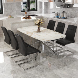 Table and chair set.Modern Luxurious white Marble-Patterned Tempered Glass Dining Table with 6 Chairs.Single fork silver metal table legs.Black high-quality PU dining chairs with silver metal legs.