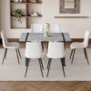 Table and chair set. Modern minimalist grey marble textured MDF dining table with metal frame. Comes with 6 chairs with PU cushions and black metal legs.