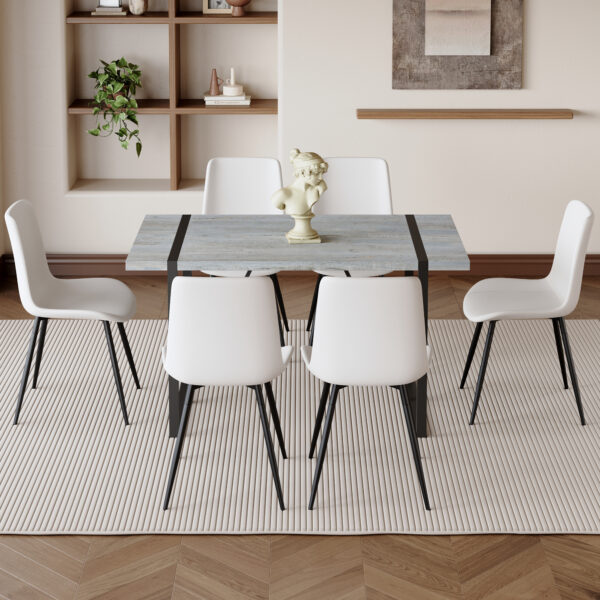424aef70fa7e41ef99fbaf7bb77e9499_ac2004e3bde45883c95160f6786e41bc Table and chair set. Modern minimalist grey marble textured MDF dining table with metal frame. Comes with 6 chairs with PU cushions and black metal legs.