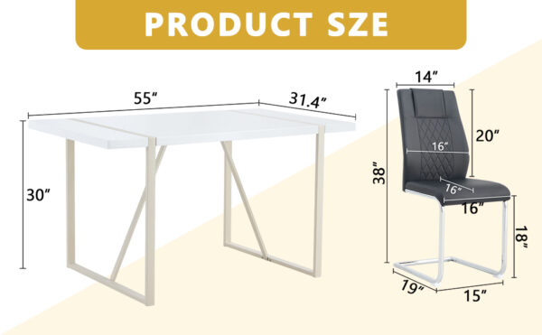 4254d63c92714dcc943846adaa24759d_5ce50d37cfebbf7b0a822f5a3b1b51fb Table and chair set.55"x31.4" Cream-Style White MDF Dining Table Set with 6 Black Chairs With Silver Metal Legs.MDF Tabletop and metal frame legs.Adding a warm and gentle atmosphere to your family.