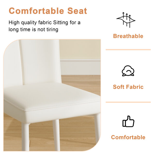 Modern minimalist dining chair, white PU leather curved back and seat cushion, white metal chair legs, suitable for dining room, bedroom, living room.  A set of 2 chairs.  008