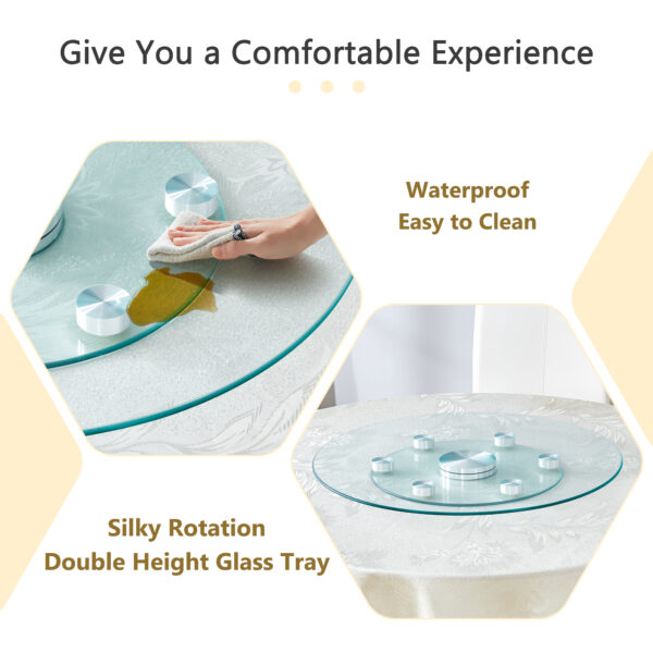 4270137f918b47019765c9b921f66ba1_399244aee22e65c41ba8f202a5f53b68 Double layer rotatable round glass.The rotatable design makes it more convenient to retrieve and place items.The upper glass has a diameter of 24 inches, while the lower glass15 inches.
