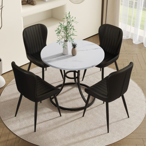42708902f290433dbc178f98b8ed9505_1d0dd4a4a574d0a9421837313c8606b2 Table and chair set.A Modern Minimalist Circular Dining Table With A Diameter Of 33.3 Inches.Paired With 4 Black Minimalist Ergonomic PU Dining Chairs With Extended And Curved Seat Cushions.