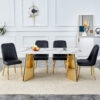 Table and chair set.63"x31.5x30" Luxurious Cold Jade Patterned Sintered Stone Table with Golden Stainless Steel Legs.Paried With 4 Black PU Chairs with Simple Line Designs On The Backrest.