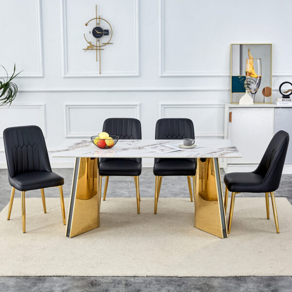 4279248f999f4828ad62b5a6d22e11ac_ecb23b9a1b767e984023f3994f2276cb Table and chair set.63"x31.5x30" Luxurious Cold Jade Patterned Sintered Stone Table with Golden Stainless Steel Legs.Paried With 4 Black PU Chairs with Simple Line Designs On The Backrest.