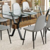 Table and chair set.79"x31.5" with X-shaped Black Metal Table Legs,Wood Grain Textured MDF Crossbeam.Paired With 10 Chairs Made Of Light Gray Lnen Fabric.Iron pipe spraying Legs.