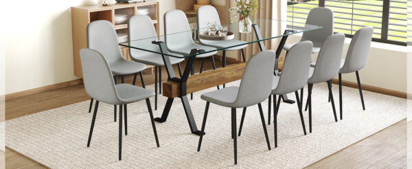 4280e8f3e7444a439371acac58a57fe1_b0041342a18588f6613d8c0d6a71da85 Table and chair set.79"x31.5" with X-shaped Black Metal Table Legs,Wood Grain Textured MDF Crossbeam.Paired With 10 Chairs Made Of Light Gray Lnen Fabric.Iron pipe spraying Legs.