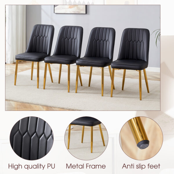 429b26c9db6c40f0aefc0367dcb9f1bd_c35144ab699639e58a826326f858829a Table and chair set.Luxurious Snow Mountain White Slab Round Dining Table Set - 47"x47" with 4 Black PU Chairs with Simple Line Designs On The Backrest .Golden Metal Legs.