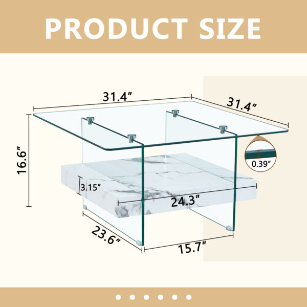 42aeb3895fb24dd6ab79d013ece1c568_c5697075c52999444f2be102d82e683d 31.4 Inch Modern Two-Tier Square Coffee Table - An Elegant Combination of Clear Glass and White Marble Pattern Sticker.It can be used as a coffee table,a side table or a display stand.