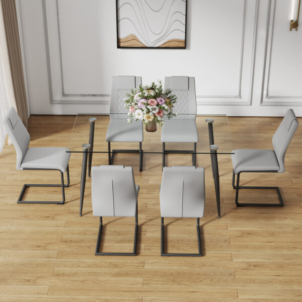 Modern minimalist rectangular transparent tempered glass dining table, 0.4 inches thick, black metal legs, suitable for kitchen, dining room, and living room 63 "* 35.4" * 30 " DT-1544