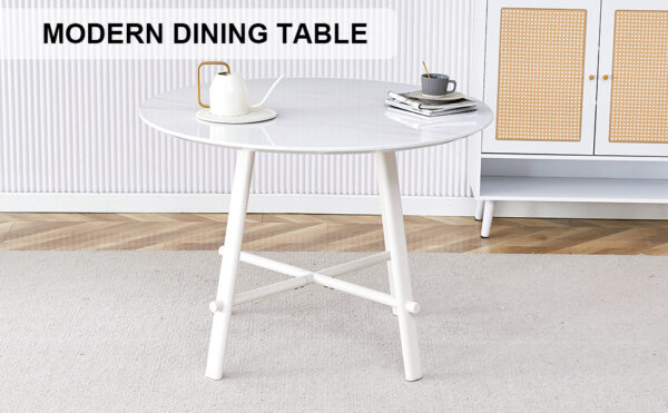 42e09b34daf64ea3a8b28540fc8cfd91_5d8aff92a1ce7462d23efa23b6e8ab47 A modern minimalist circular dining table with a 42 inch diameter white patterned tabletop and white metal legs. Suitable for restaurants, living rooms, and conference rooms.