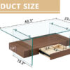 43.3 Inch Modern Two-Tier Coffee Table - Clear Tempered Glass and Dark Wood Grain, Multifunctional Storage Design.The bottom tier includes a drawer.Can be used as a coffee table,side table,etc.
