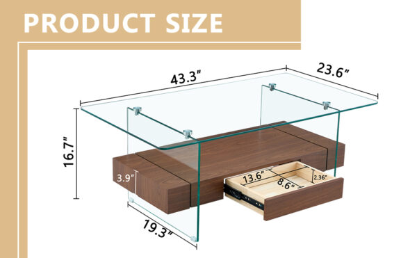 43.3 Inch Modern Two-Tier Coffee Table - Clear Tempered Glass and Dark Wood Grain, Multifunctional Storage Design.The bottom tier includes a drawer.Can be used as a coffee table,side table,etc.
