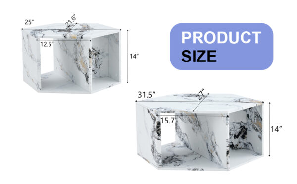 42eabb6e497b493290eb53ba7f7c0ae8_942b7b01da1f223caba7c330b31c3cd5 Minimalist white patterns hexagonal Coffee Table Set.Hexagonal MDF coffee table, characteristic pattern stickers, multi-hole design to give more storage space.Two coffee tables of different sizes.